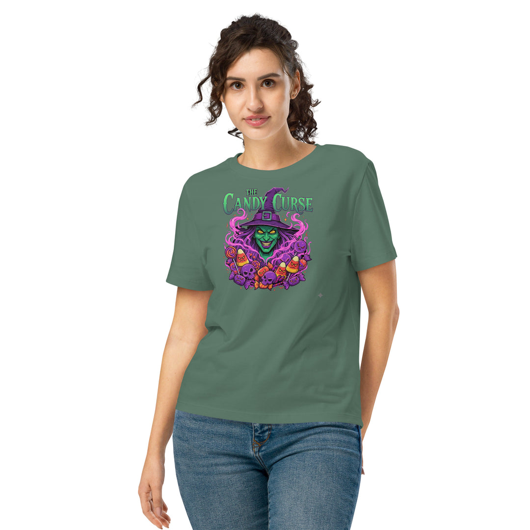 women's halloween t-shirt with candy curse witch, skulls, and candy corn graphic
