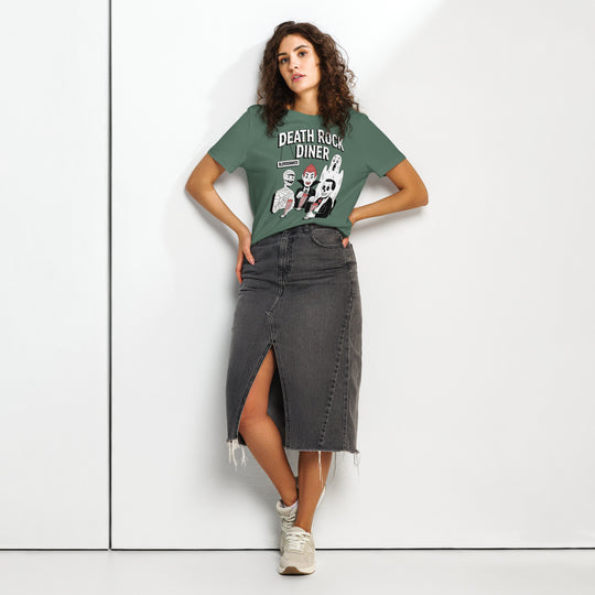 women's halloween t-shirt with death rock diner monsters sipping bloodshakes graphic