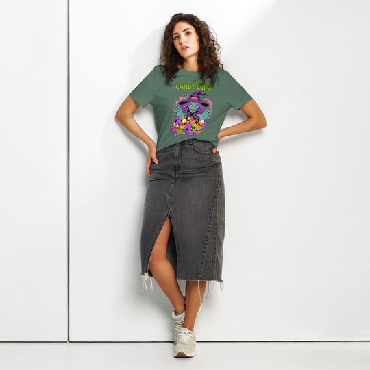 women's halloween t-shirt with candy curse witch and cursed candy graphic