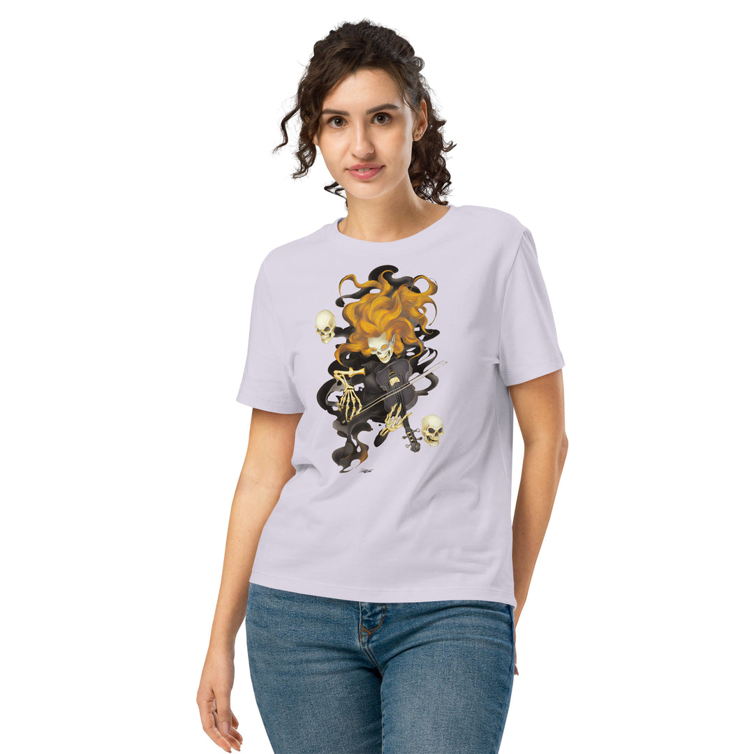 women's halloween t-shirt with fiery ghost violinist and swirling skulls graphic