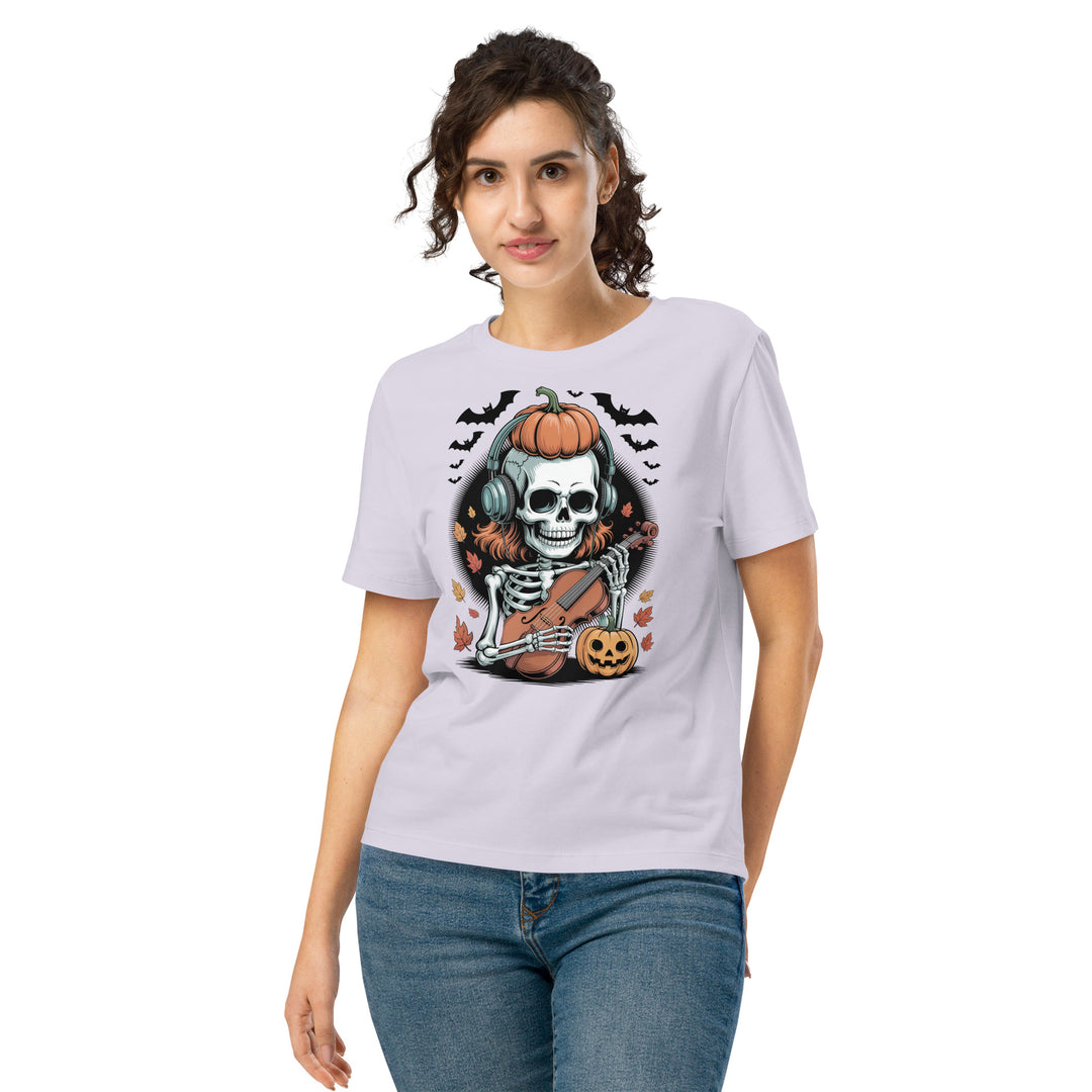 women's halloween t-shirt with skeleton in headphones playing violin and pumpkins