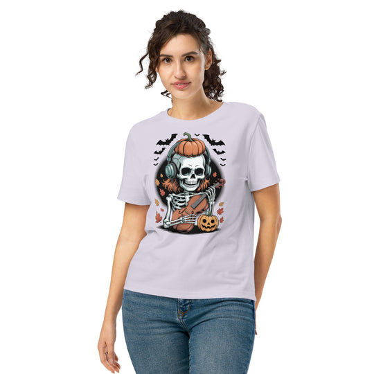 women's halloween t-shirt with skeleton in headphones playing violin and pumpkins