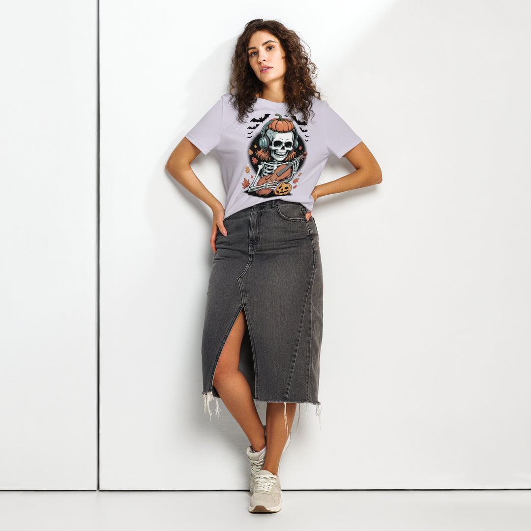 women's halloween t-shirt with skeleton in headphones playing violin and pumpkins
