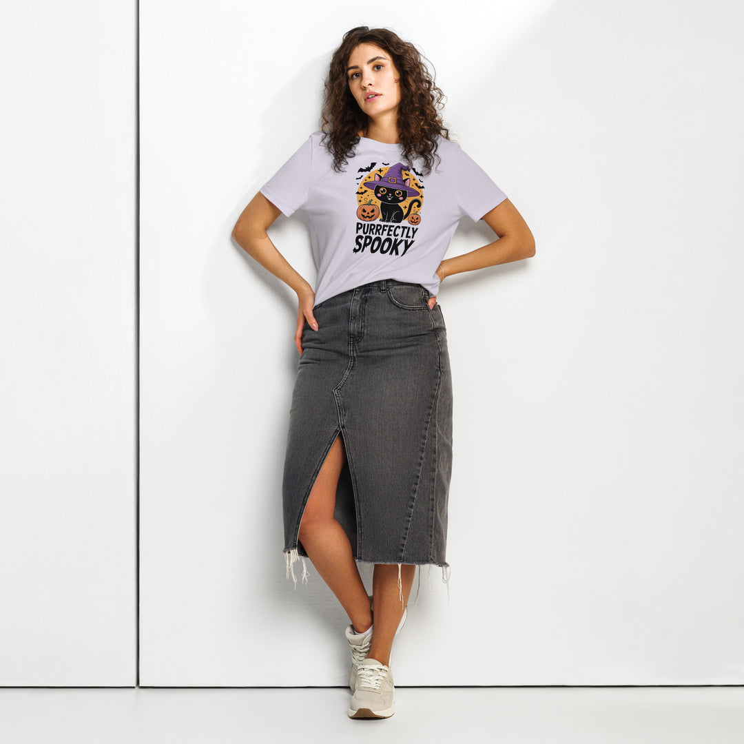 women's halloween t-shirt with black cat in witch hat and pumpkins, “purrfectly spooky”