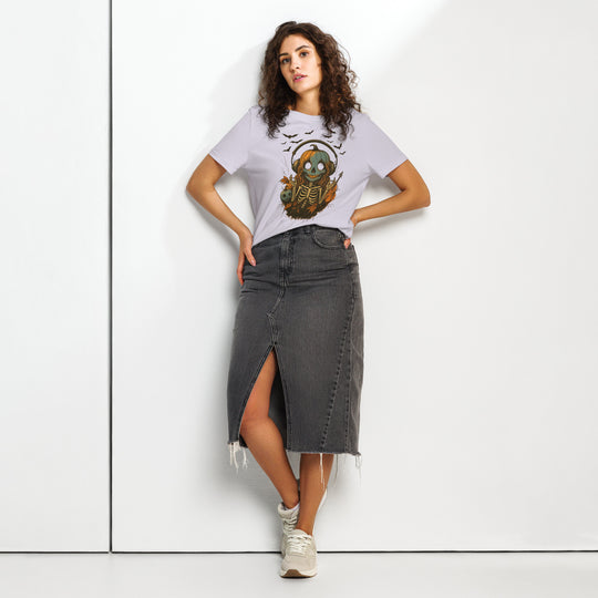 women's halloween t-shirt with pumpkin-headed skeleton in headphones, bats, and violin
