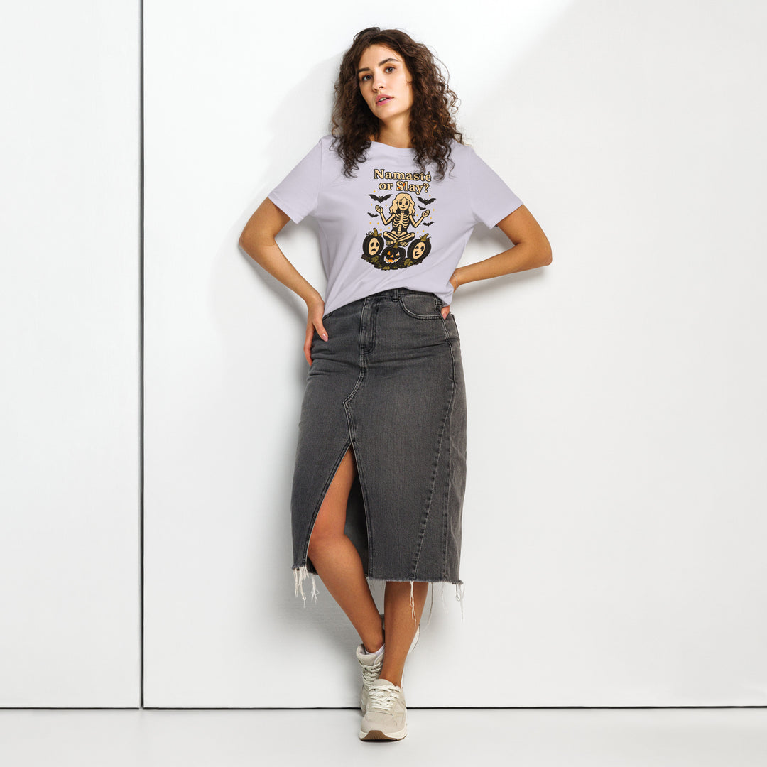 women's halloween t-shirt with skeleton in yoga pose, pumpkins, bats and “namasté or slay?”