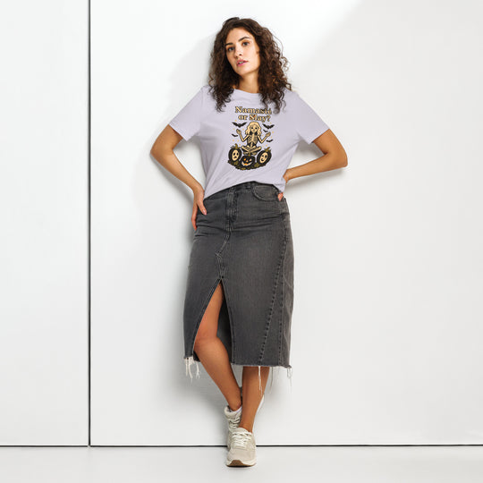 women's halloween t-shirt with skeleton in yoga pose, pumpkins, bats and “namasté or slay?”