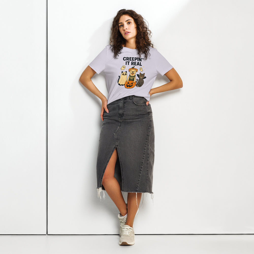 women's halloween t-shirt with “creepin’ it real” dog and two cats, pumpkins and ghosts