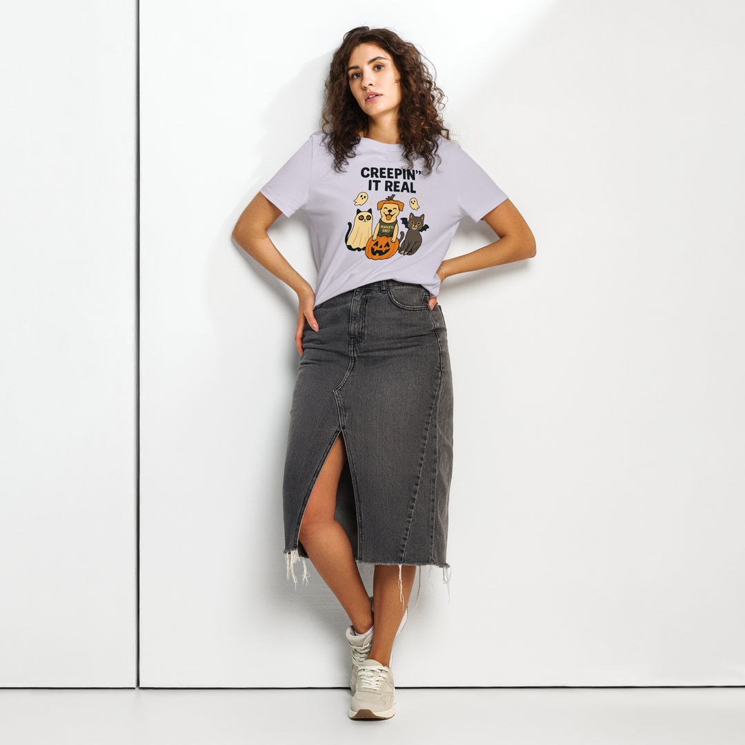 women's halloween t-shirt with “creepin’ it real” dog and two cats, pumpkins and ghosts