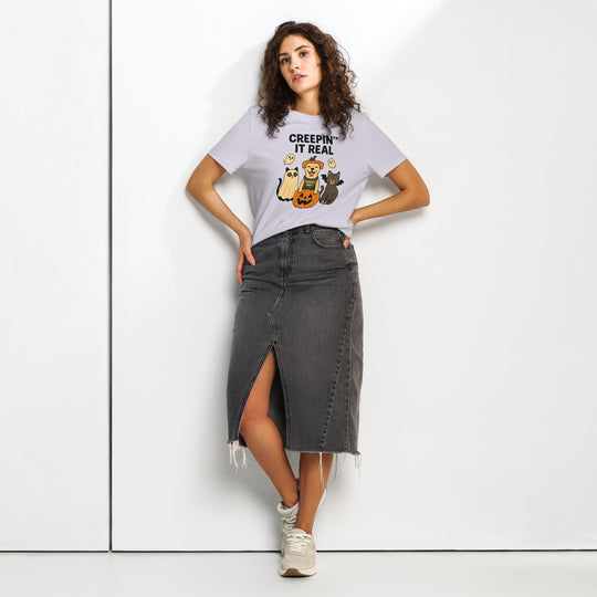 women's halloween t-shirt with “creepin’ it real” dog and two cats, pumpkins and ghosts