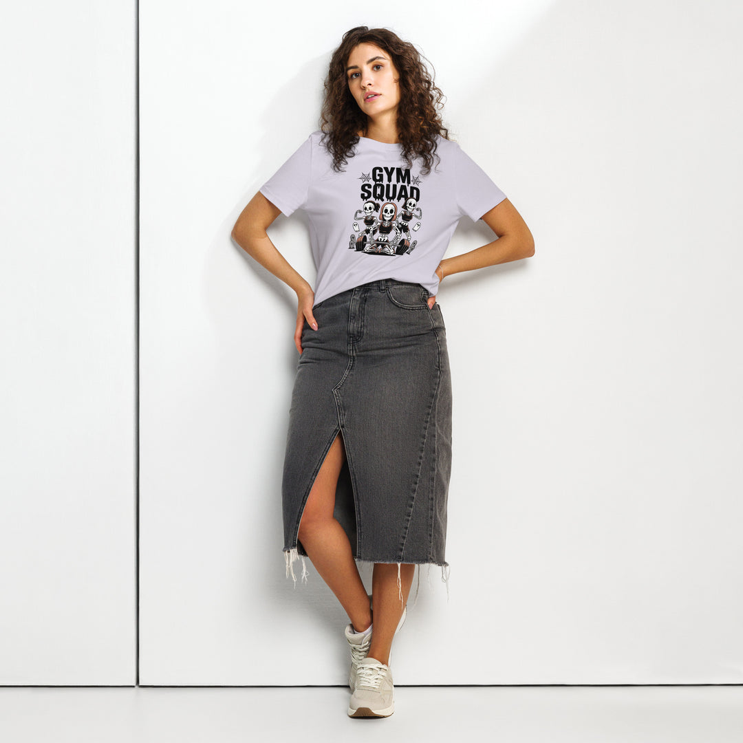 women's halloween t-shirt with skeleton gym squad deadlifting and ghosts
