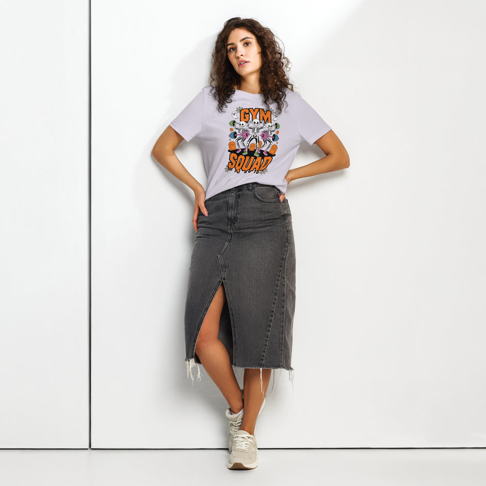 women's halloween t-shirt with three skeletons lifting colorful barbells, gym squad text