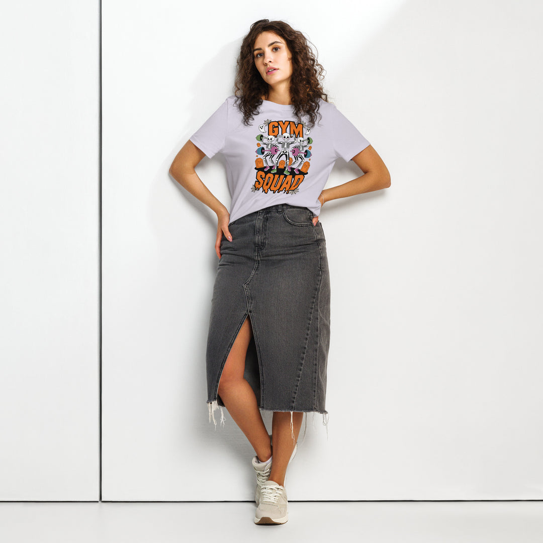 women's halloween t-shirt with three skeletons lifting colorful barbells, gym squad text