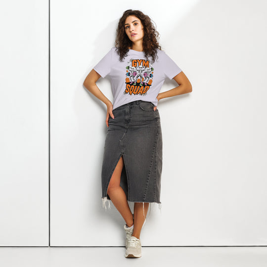 women's halloween t-shirt with three skeletons lifting colorful barbells, gym squad text