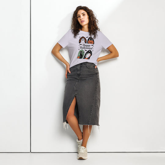 women's halloween t-shirt with happy halloween panels—ghost, pumpkin, cat, crystal ball