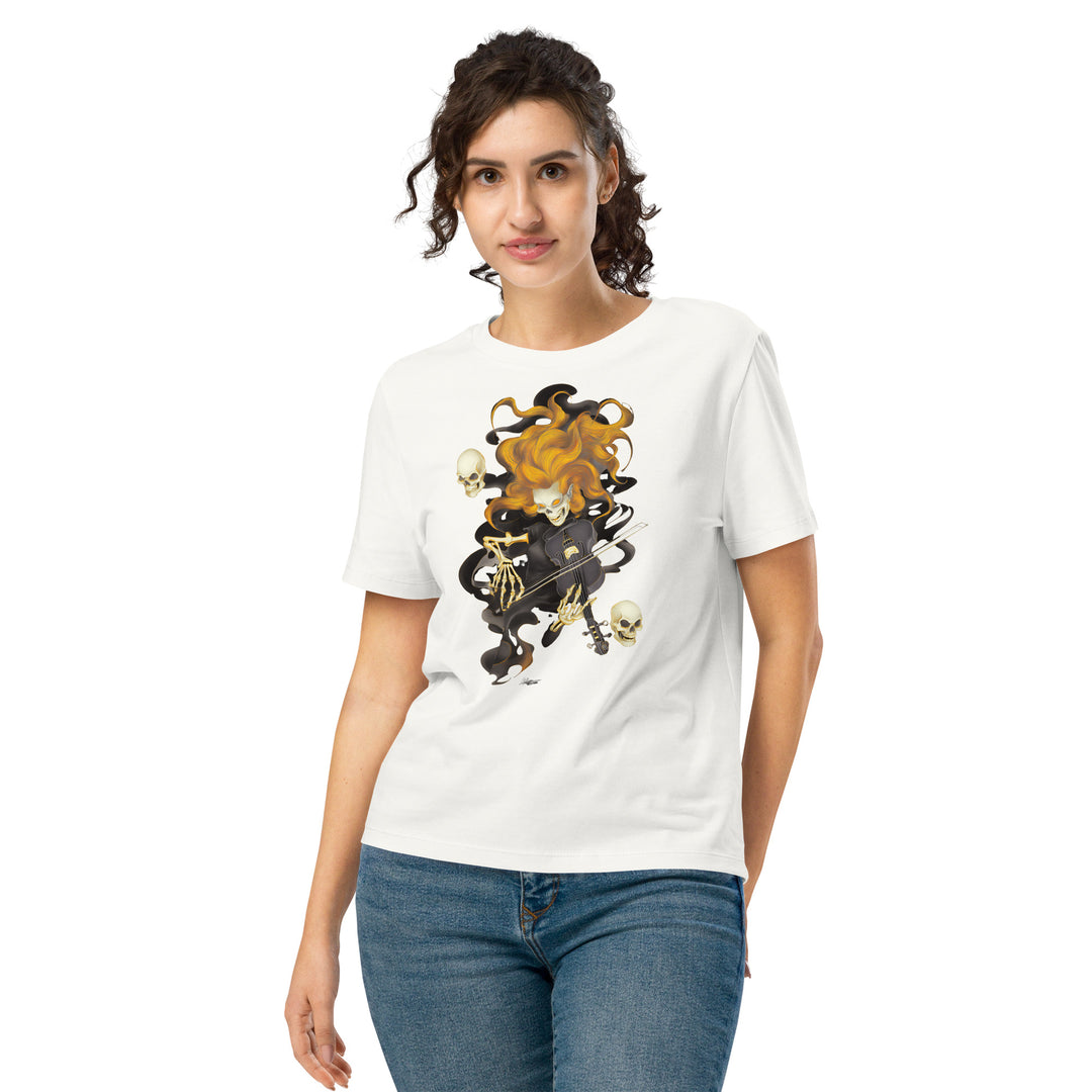 women's halloween t-shirt with fiery ghost violinist and swirling skulls graphic
