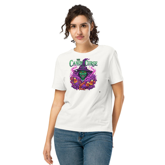 women's halloween t-shirt with candy curse witch, skulls, and candy corn graphic