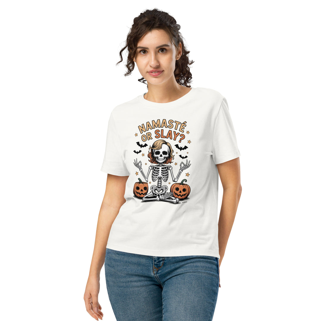 women's halloween t-shirt with skeleton yoga pose, pumpkins, bats and “namasté or slay?” text