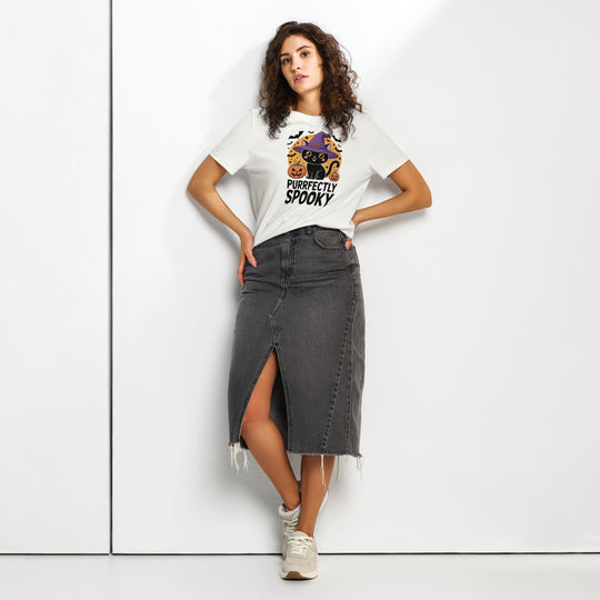 women's halloween t-shirt with black cat in witch hat and pumpkins, “purrfectly spooky”