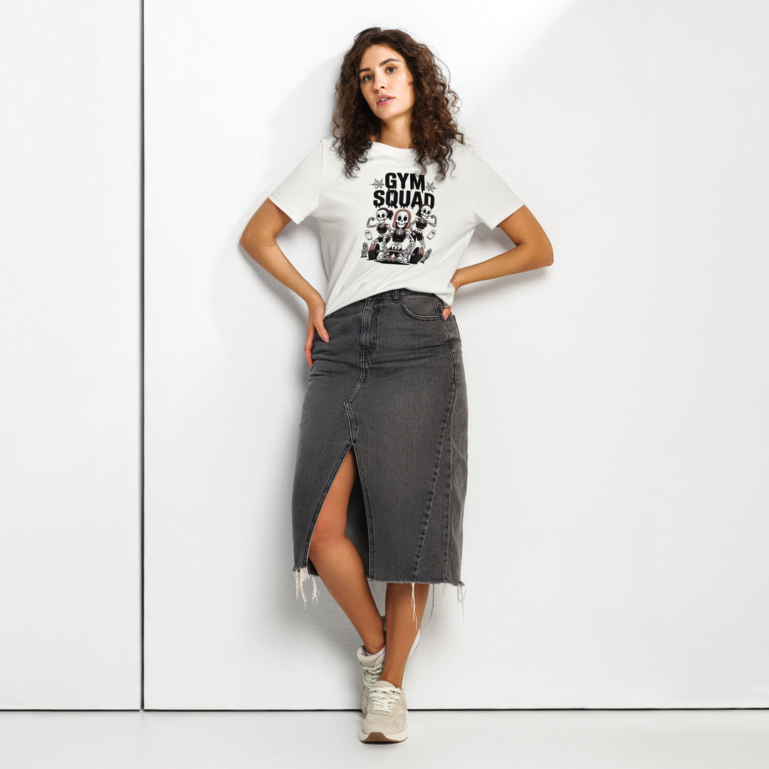 women's halloween t-shirt with skeleton gym squad deadlifting and ghosts