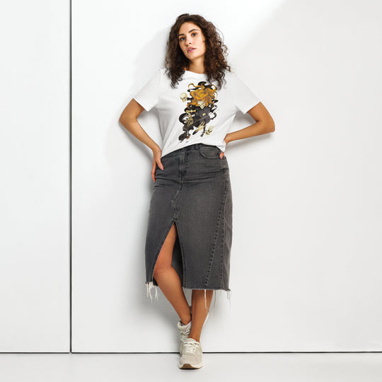 women's halloween t-shirt with fiery ghost violinist and swirling skulls graphic