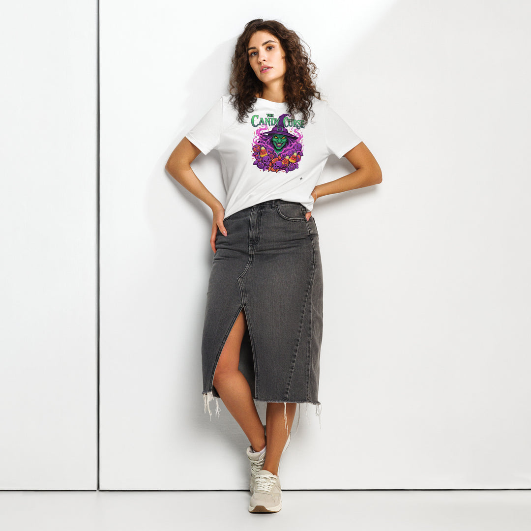 women's halloween t-shirt with candy curse witch, skulls, and candy corn graphic