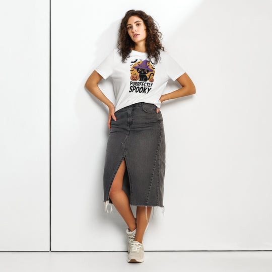 women's halloween t-shirt with black cat in witch hat and pumpkins, “purrfectly spooky”