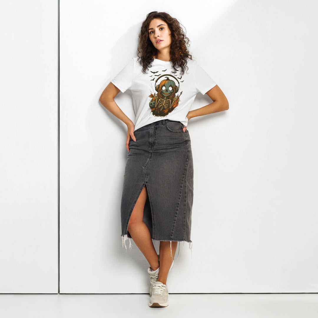 women's halloween t-shirt with pumpkin-headed skeleton in headphones, bats, and violin