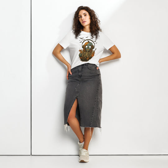 women's halloween t-shirt with pumpkin-headed skeleton in headphones, bats, and violin