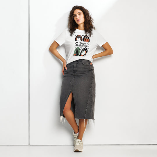 women's halloween t-shirt with happy halloween panels—ghost, pumpkin, cat, crystal ball