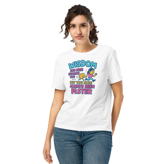 Person wearing a white t-shirt with a colorful graphic and text.